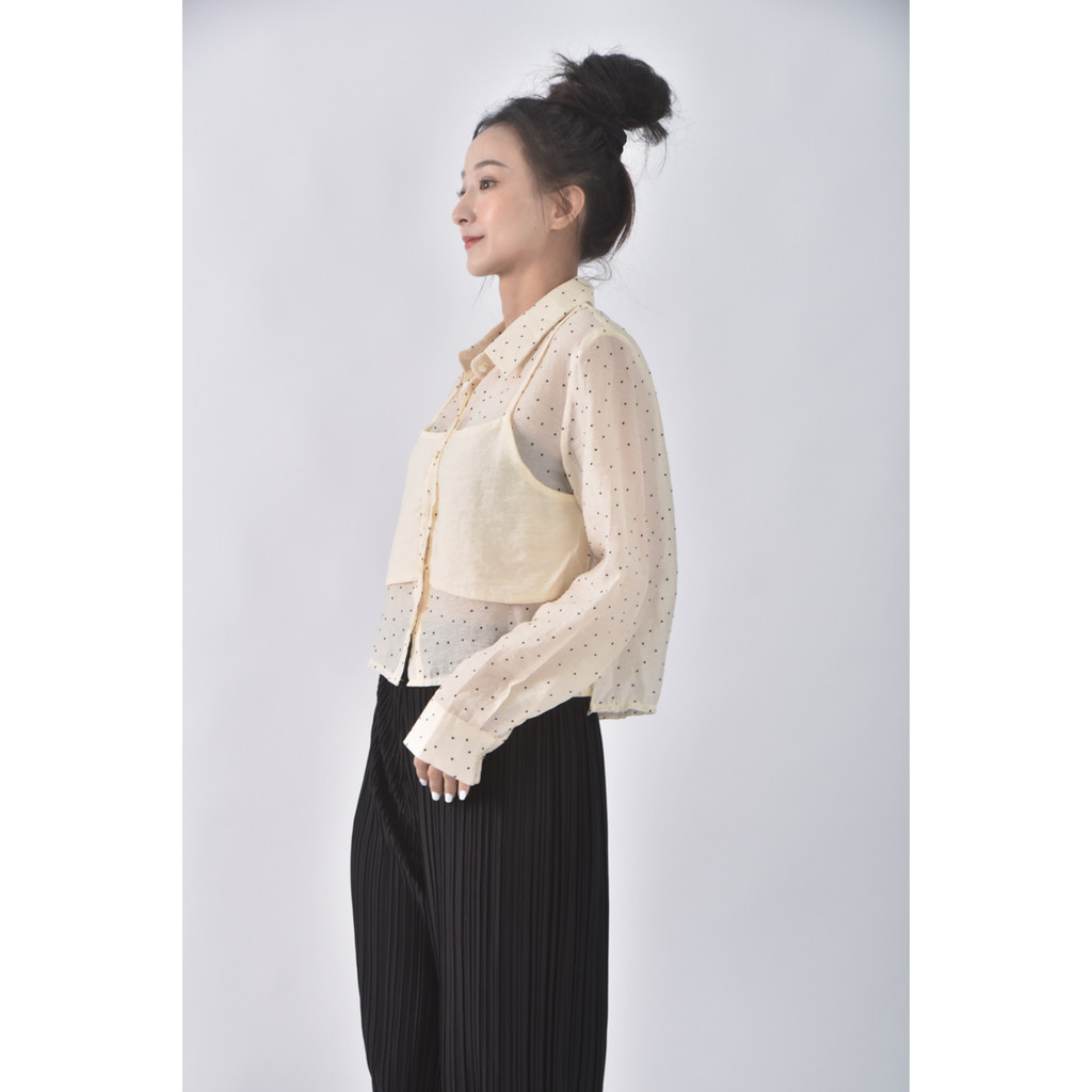 (M) blowing點點透膚黃色長袖上衣二手衣, , large