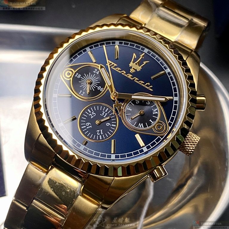 [星晴錶業]MASERATI手錶,42mm,R8853100026寶藍色錶面金色錶殼金色精鋼錶帶款, , large