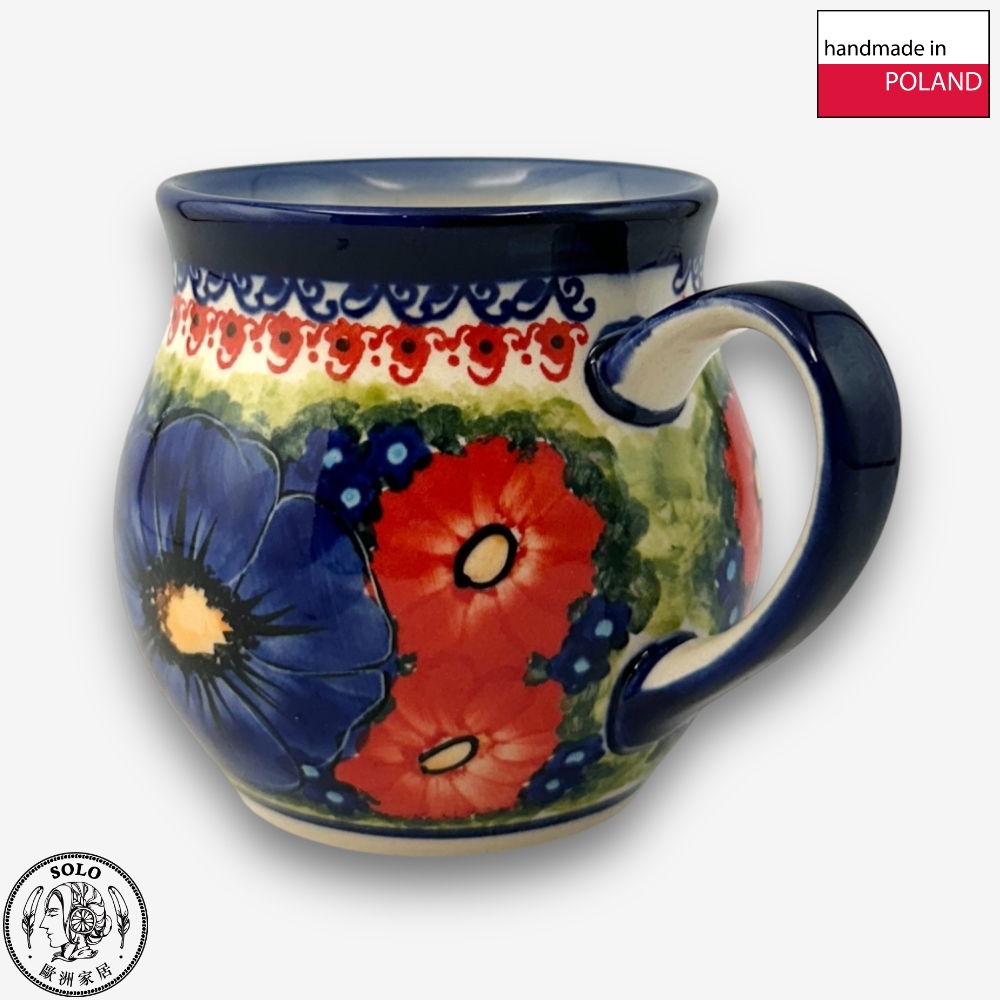 【SOLO Vintage】Cerraf Polish Pottery 350ml Mug Red and Blue Blossoming Elegance Series Made in Poland, , large