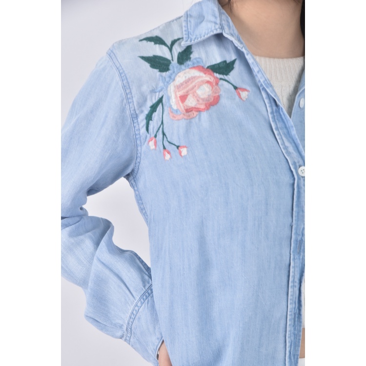 (S) rails丹寧牛仔質感刺繡藍色長袖上衣二手衣, , large