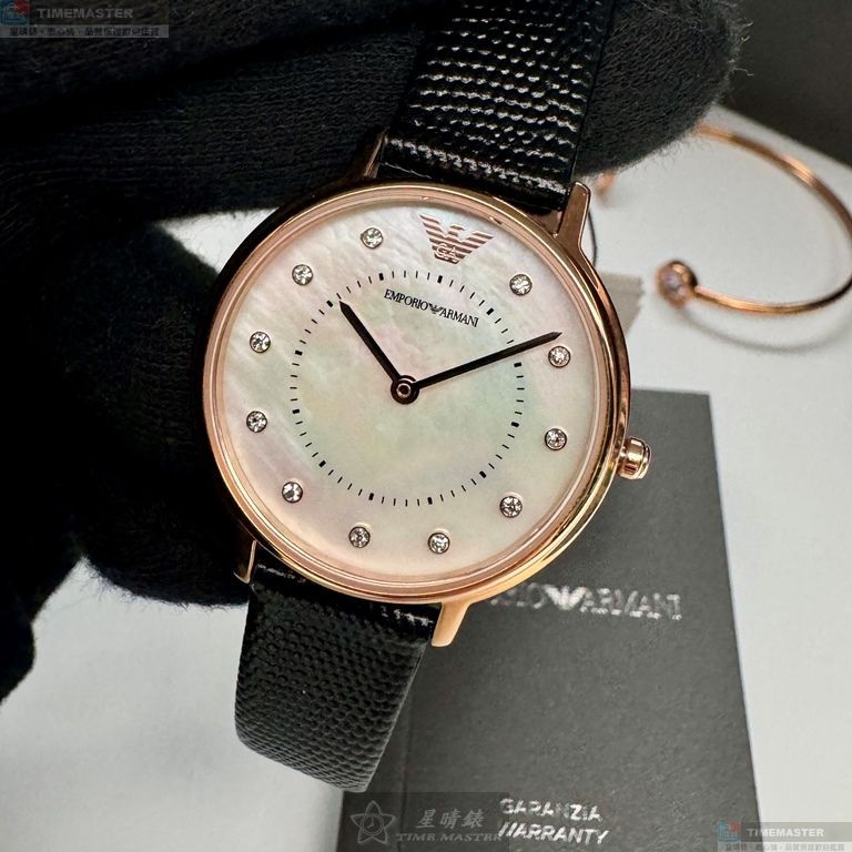 [星晴錶業]ARMANI手錶,30mm,AR00065貝母錶面玫瑰金錶殼深黑色真皮皮革錶帶款, , large