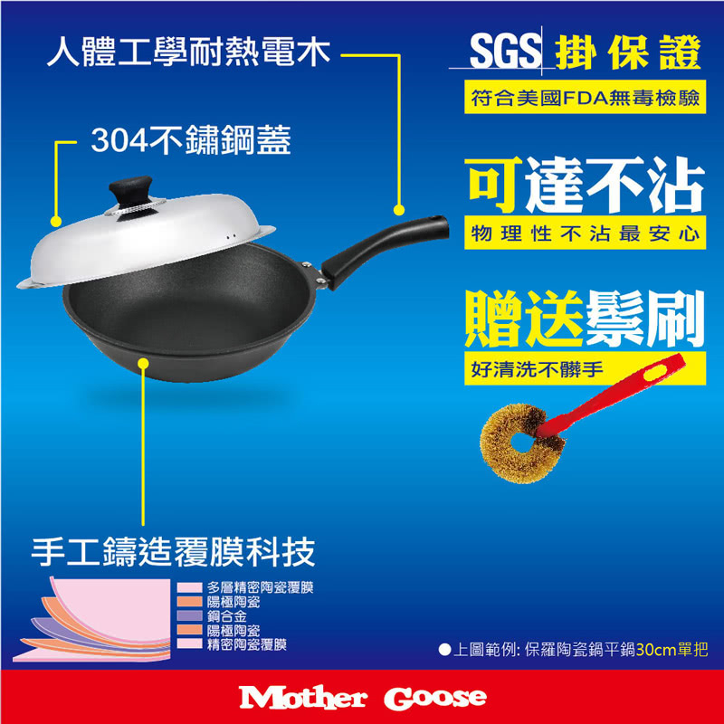 【美國Mother Goose鵝媽媽】藍寶石陶瓷不沾炒鍋40cm雙耳 不沾鍋 炒鍋 深平鍋 深炒鍋 炒鍋40cm, , large