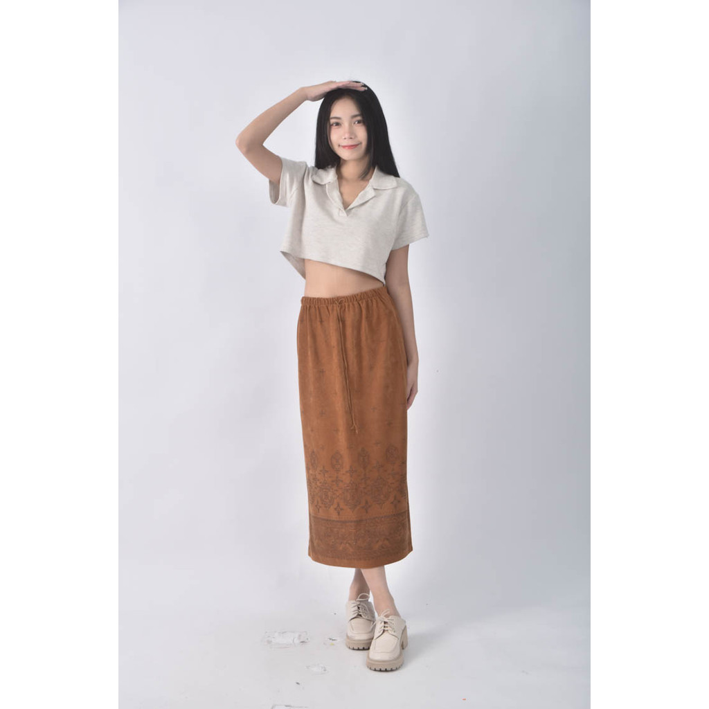 (M) siluette質感印花棕色長裙二手衣, , large