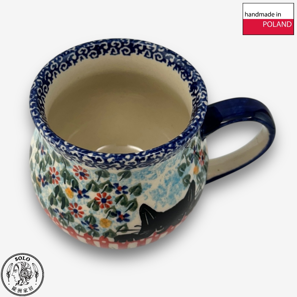 【SOLO Vintage】Cerraf Polish Pottery 350ml Mug Black Cat Garden Series Made in Poland, , large