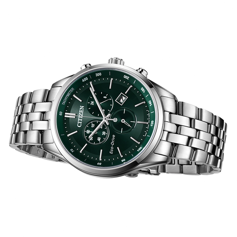 CITIZEN 星辰 光動能復古風計時手錶-銀x紳士綠 AT2149-85X, , large