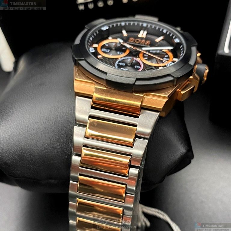 [星晴錶業]BOSS手錶,46mm,HB1513358黑色錶面黑金錶殼金銀相間精鋼錶帶款, , large
