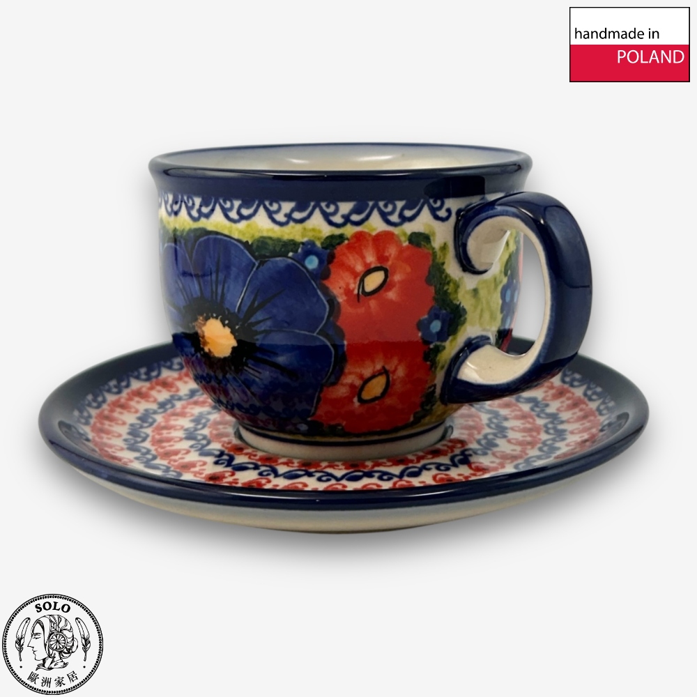 【SOLO Vintage】Cerraf Polish Pottery 200ml Coffee Cup + Saucer Set Red and Blue Blossoming Elegance Series Made in Poland, , large