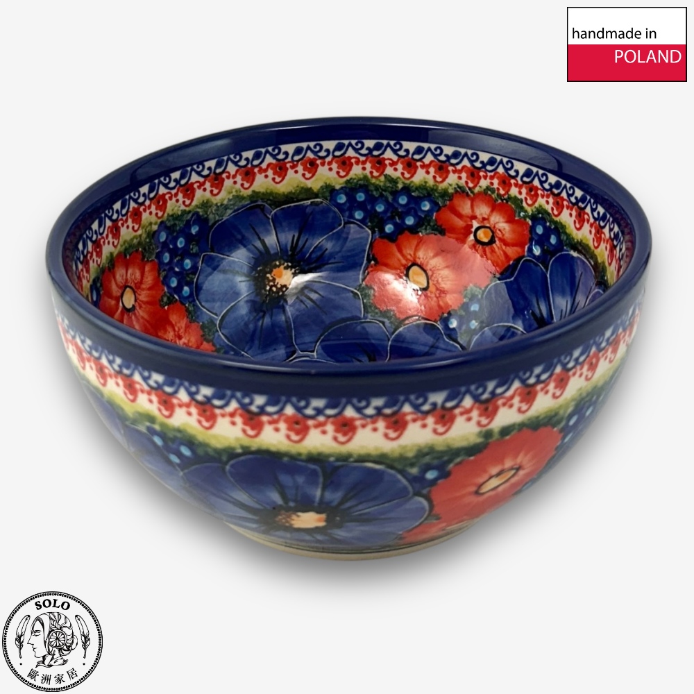 【SOLO Vintage】Cerraf Polish Pottery 16cm Bowl Red and Blue Blossoming Elegance Series Made in Poland, , large