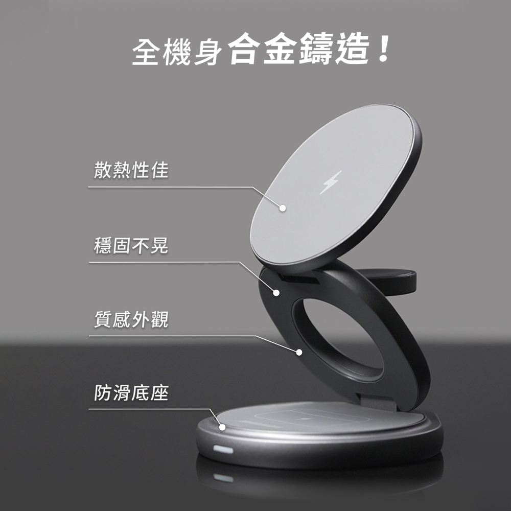 【怪獸選物】IDEAMON 3in1磁吸旋轉折折充・QI 無線充電 MagSafe 摺疊式 360°旋轉 充電座 快充 旅行, , large