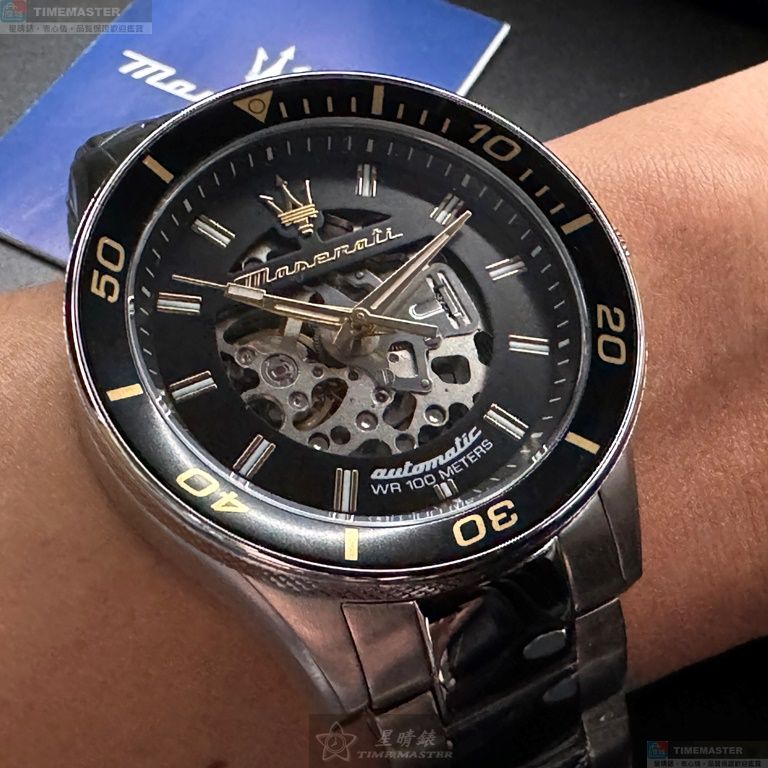 [星晴錶業]MASERATI手錶,46mm,R8823140008黑色雙面機械鏤空錶面銀錶殼銀色精鋼錶帶款, , large