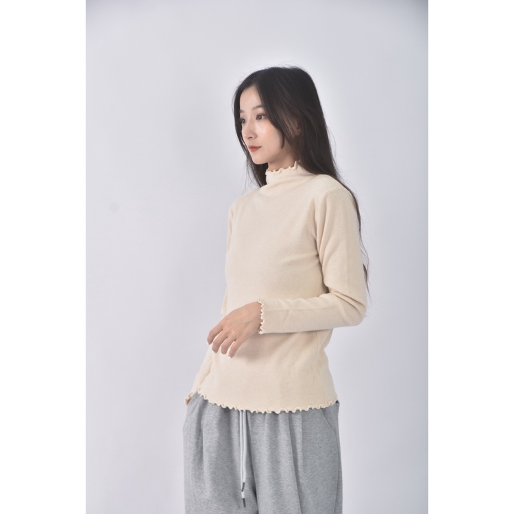 (S) 高領木耳邊杏色長袖上衣二手衣, , large