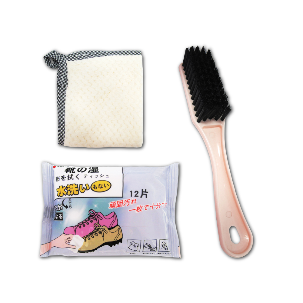 [日日好物](買1送2超值組)日本小林百貨-免水洗去污亮白鞋靴專用清潔擦拭濕巾12入x1包(加送抹布1條+鞋刷1支), , large