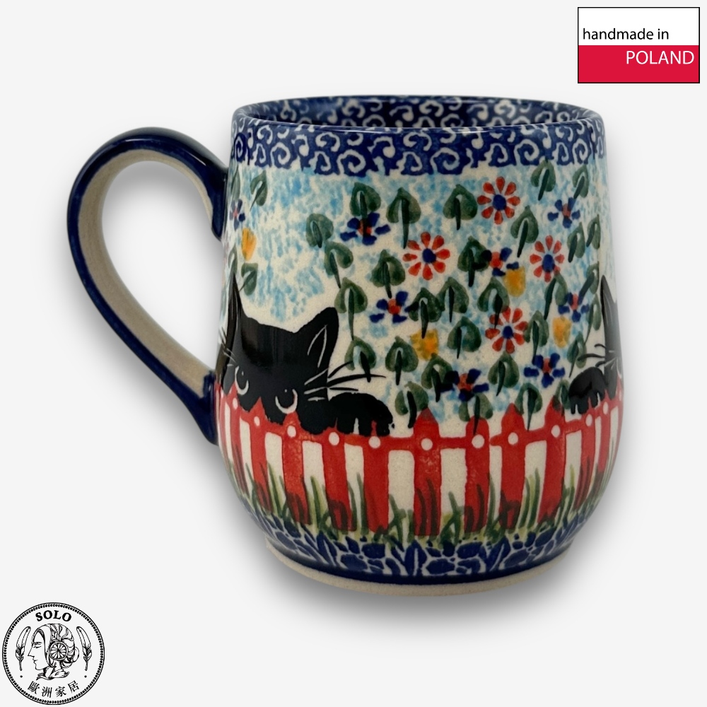 【SOLO Vintage】Cerraf Polish Pottery 320ml Mug Black Cat Garden Series Made in Poland, , large