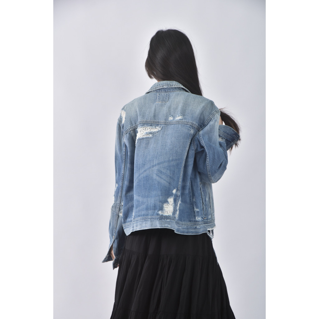 (M) american eagle丹寧牛仔棉質純棉刷破藍色外套二手衣, , large