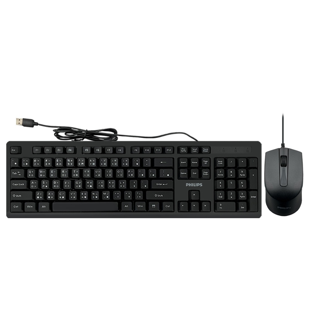 PHILIPS SPT6234 有線鍵鼠組 鍵盤104鍵 低噪音舒適鍵 人體工學滑鼠 光學感應 USB即插即用, , large