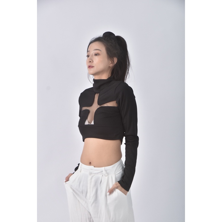 (S) 【安于晴Charlene私服】kulu studio質感修身短版透膚黑色長袖上衣二手衣, , large
