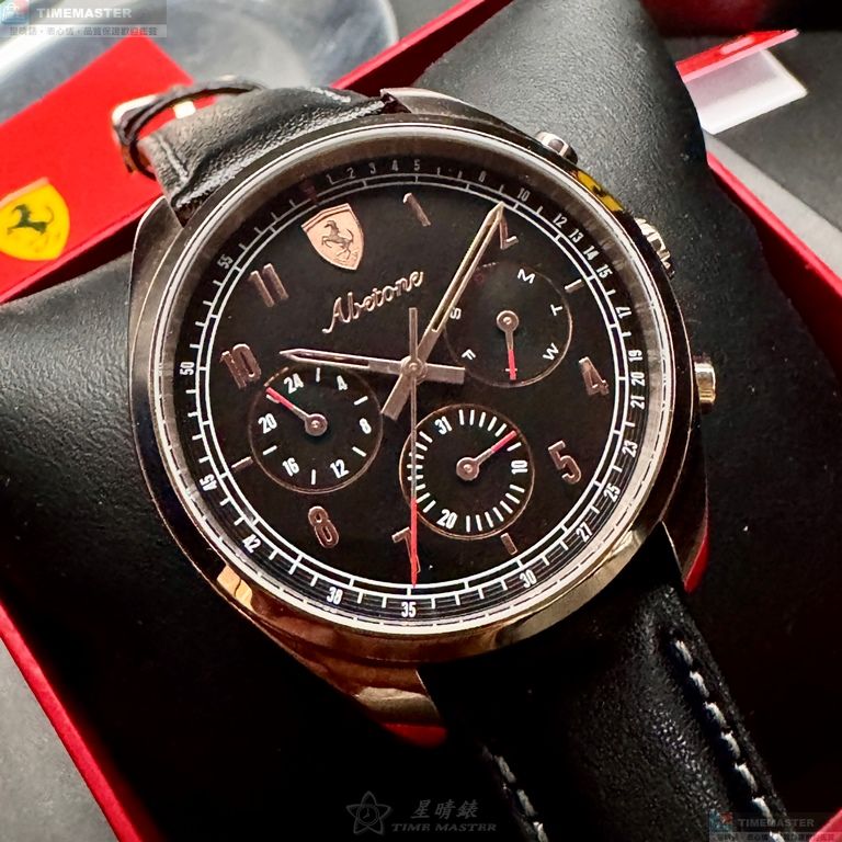 [星晴錶業]FERRARI手錶,42mm,FE00095黑色錶面玫瑰金錶殼深黑色真皮皮革錶帶款, , large