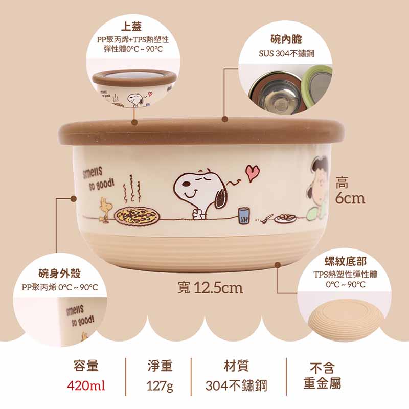 『HOUSUXI．舒希』史努比－不鏽鋼雙層隔熱碗 420ml(A3), , large