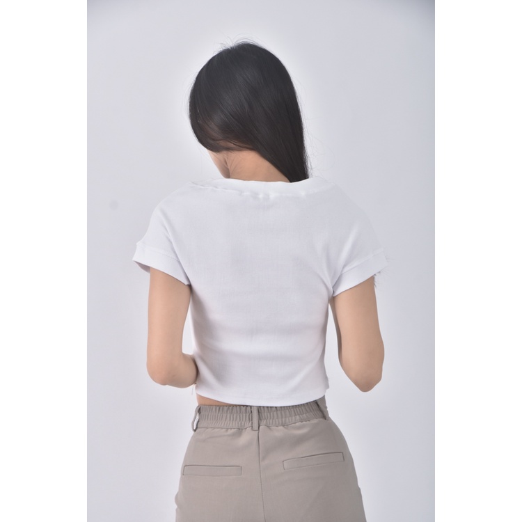 (S) topdressing韓牌質感修身短版白色短袖上衣二手衣, , large