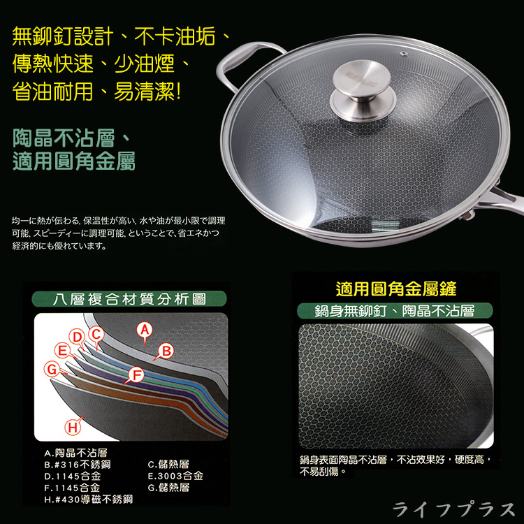 CLARE典鑽316不鏽鋼陶晶不沾炒鍋-33cm-單柄-附蓋-1支, , large