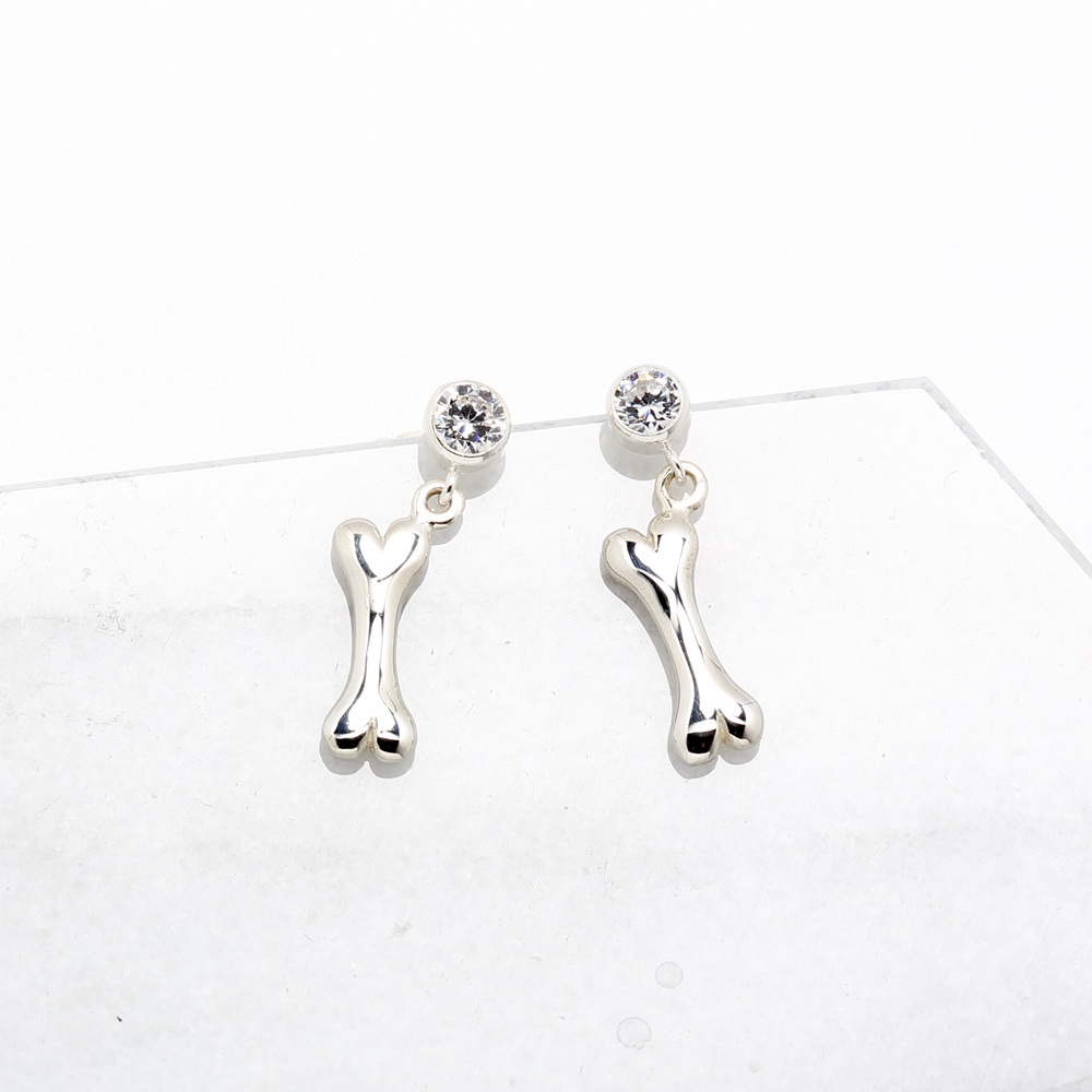 【Angel & Me】幸運 狗骨頭 s925 純銀 單鑽 耳環 耳夾 生日禮物, , large