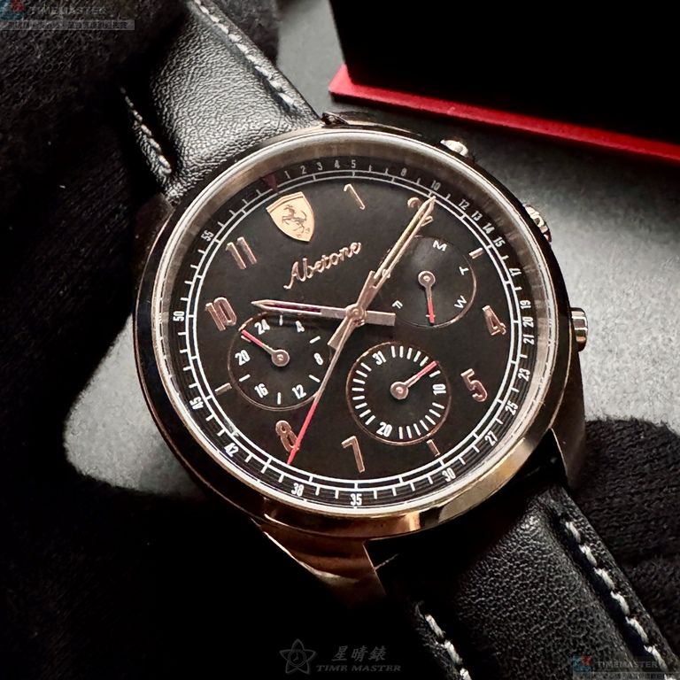 [星晴錶業]FERRARI手錶,42mm,FE00095黑色錶面玫瑰金錶殼深黑色真皮皮革錶帶款, , large