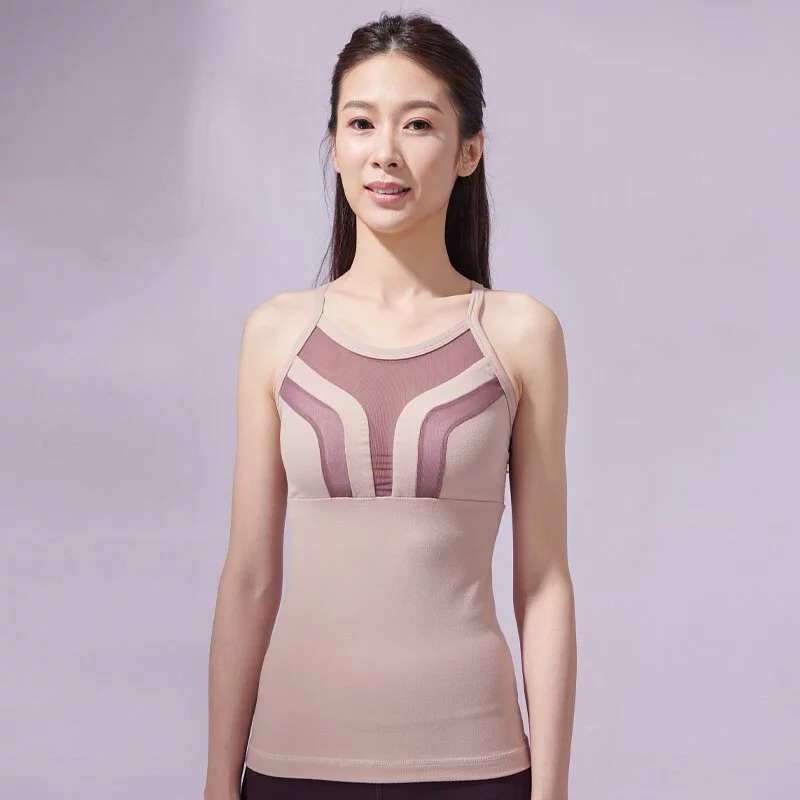 YOGA FLOW Venus Tank - 撞色網紗長版上衣 - 沙褐粉 Camel, , large