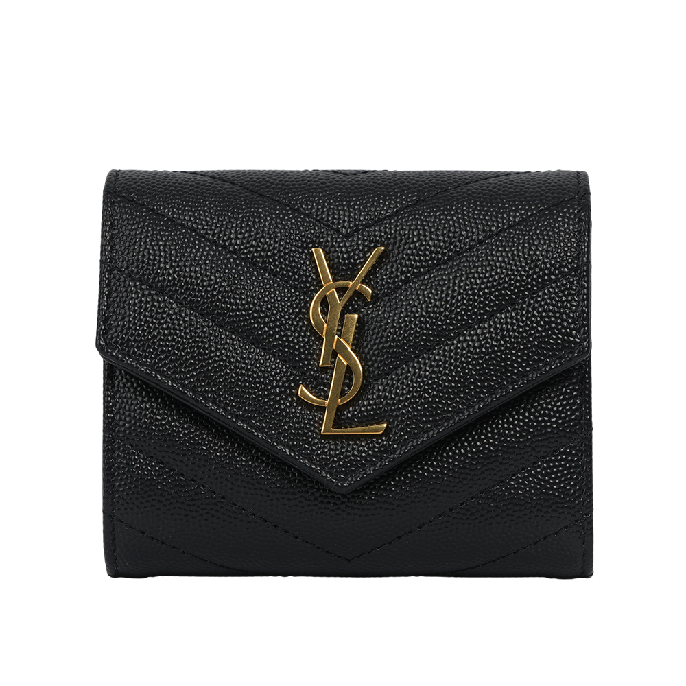 YSL 金字山形紋魚子醬皮三折零錢袋短夾/黑色, , large