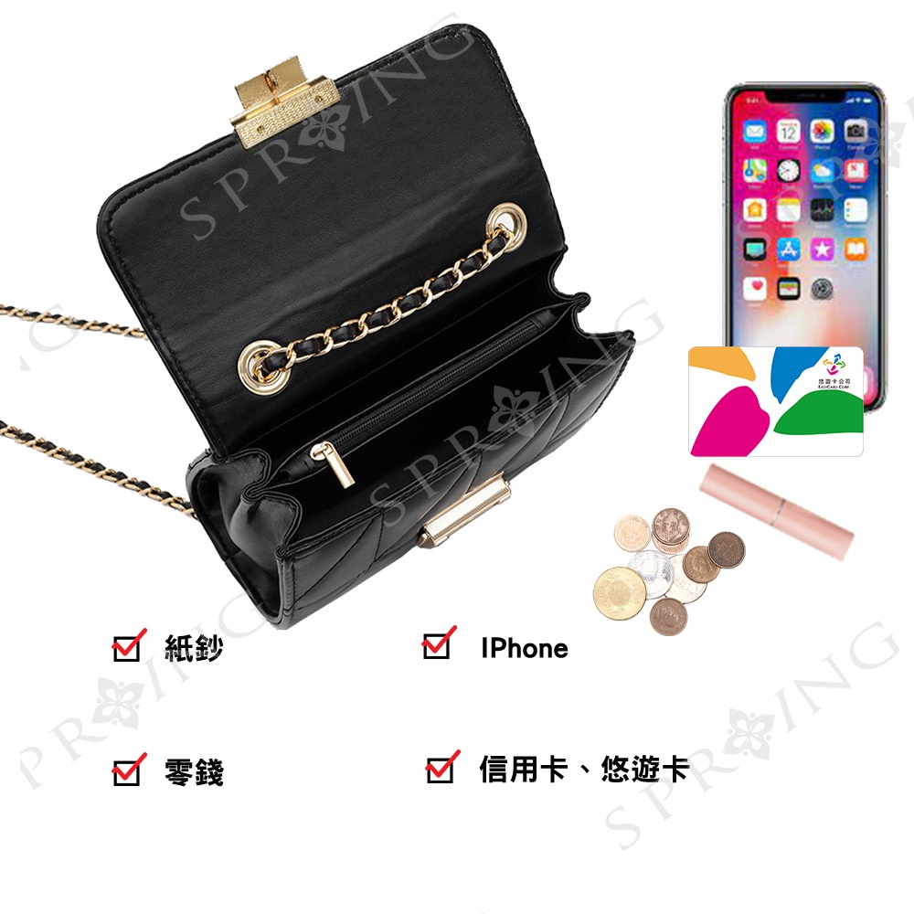 SPRING-菱格小香風鍊條包 刺繡鍊條小斜背包 鐵鍊小方包 -多色, , large