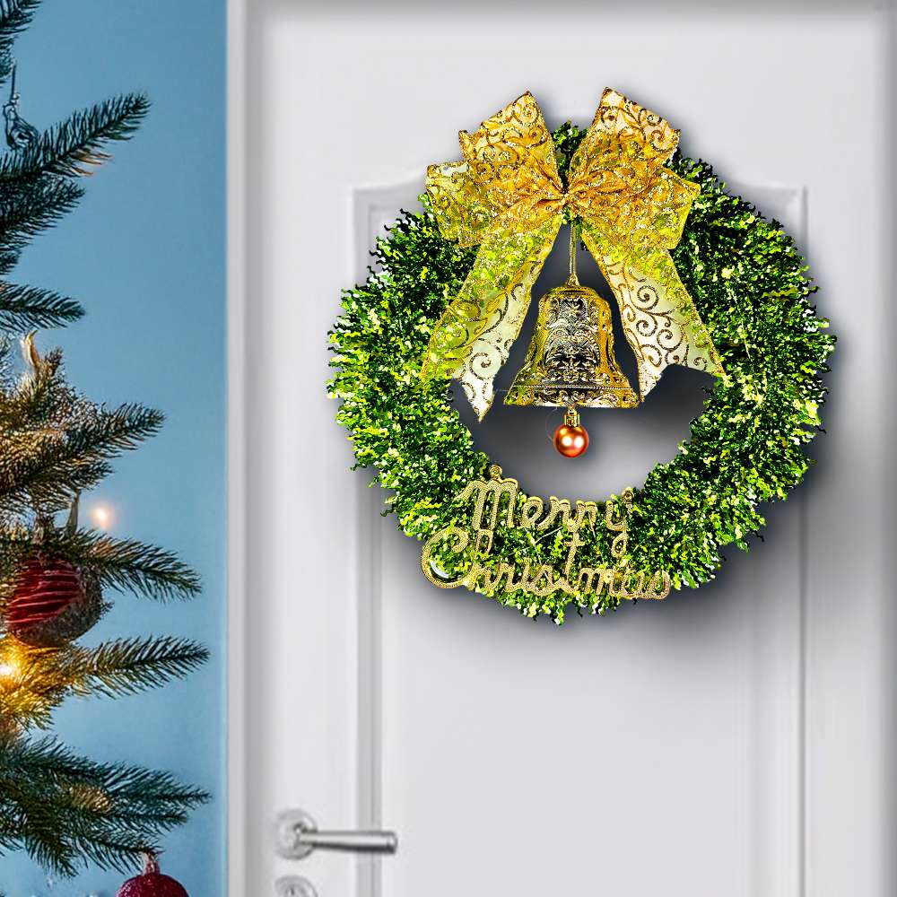 摩達客14吋時尚果綠系金蔥彎絲聖誕花圈_台灣工藝免組裝_本島免運費, , large