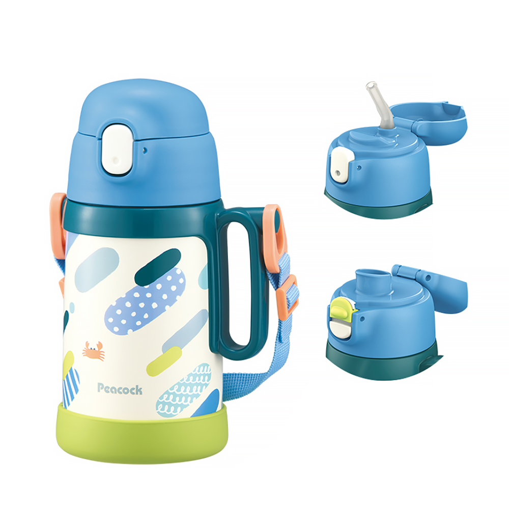 【日本孔雀Peacock】耐衝擊底座 直飲+吸管兩用 兒童不鏽鋼保溫杯水壺490ML(握把+背帶)-藍, , large