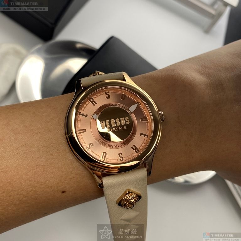 [星晴錶業]VERSUS VERSACE手錶,40mm,VV00278粉金錶面玫瑰金錶殼米白真皮皮革錶帶款, , large