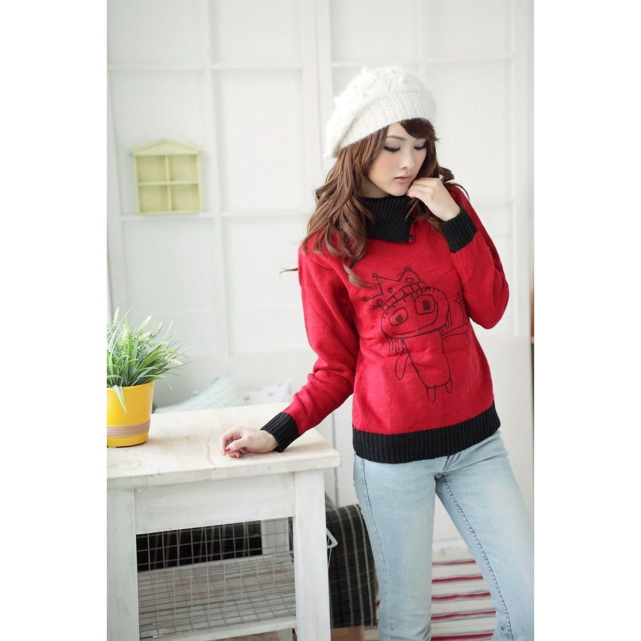 CERES獨家風格俏皮圖漾斜領毛衣活力紅Q0545-C, , large