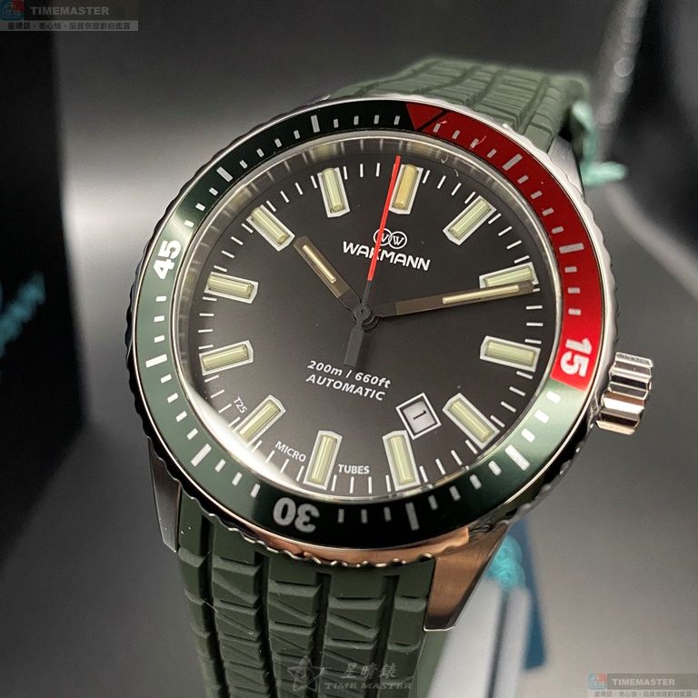 [星晴錶業]WAKMANN手錶,44mm,WA00007黑色錶面深綠色錶殼綠矽膠錶帶款, , large
