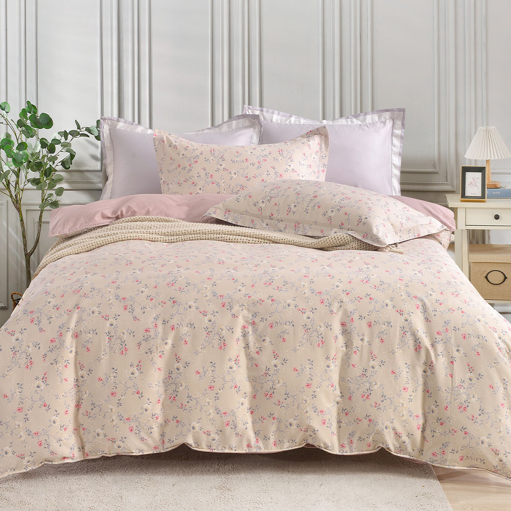 【Betrise】Camellia cheese | Environmentally friendly printing and dyeing anti-mite antibacterial 100% combed cotton dual-purpose quilt bed sheet set - double, , large