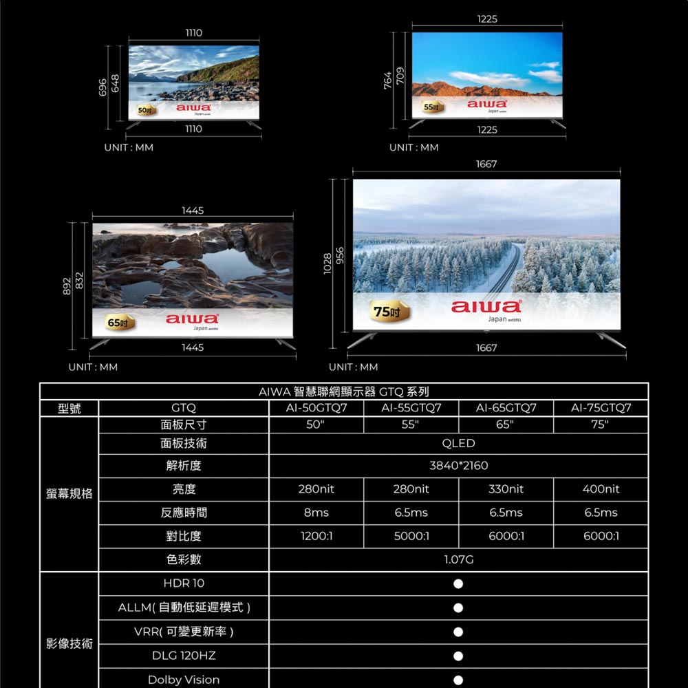 AIWA 愛華 55吋 QLED 智慧聯網顯示器 (GTQ) AI-55GTQ7, , large