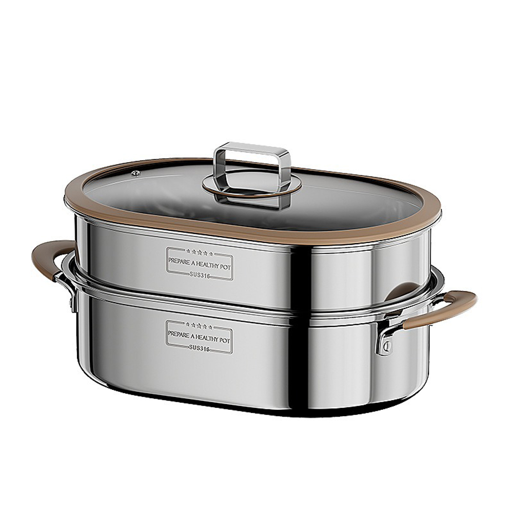 Double-layer 316 stainless steel steamer for fish, oval fish pot, large capacity steamer, seafood tower steamer, soup pot, suitable for steaming, boiling, braising, and stewing., , large