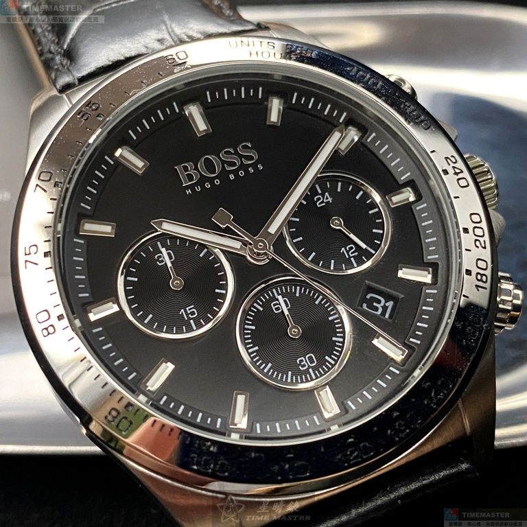 [星晴錶業]BOSS手錶,42mm,HB1513752黑色錶面銀錶殼深黑色真皮皮革錶帶款, , large