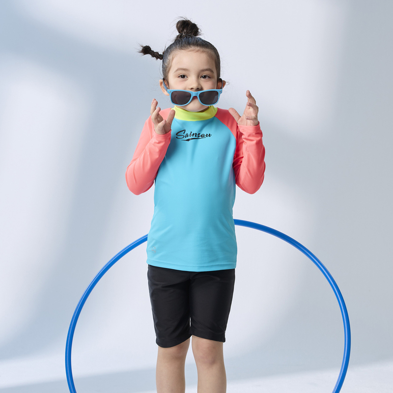 莫妮娜 台灣製 長袖抗UV二件式 極光撞色泳裝 男女童皆適穿, , large