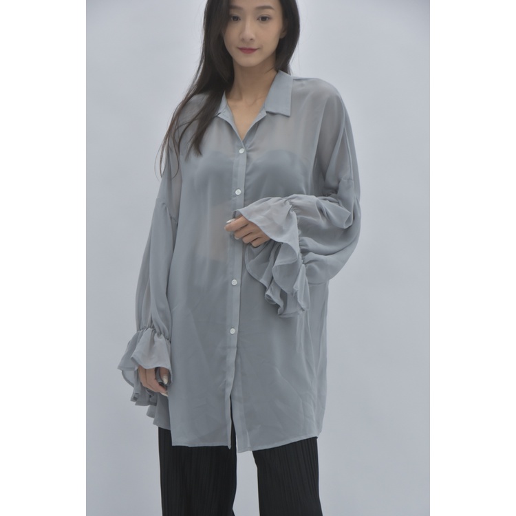 (2XL) lancylancy寬鬆透膚灰綠色襯衫上衣二手衣, , large