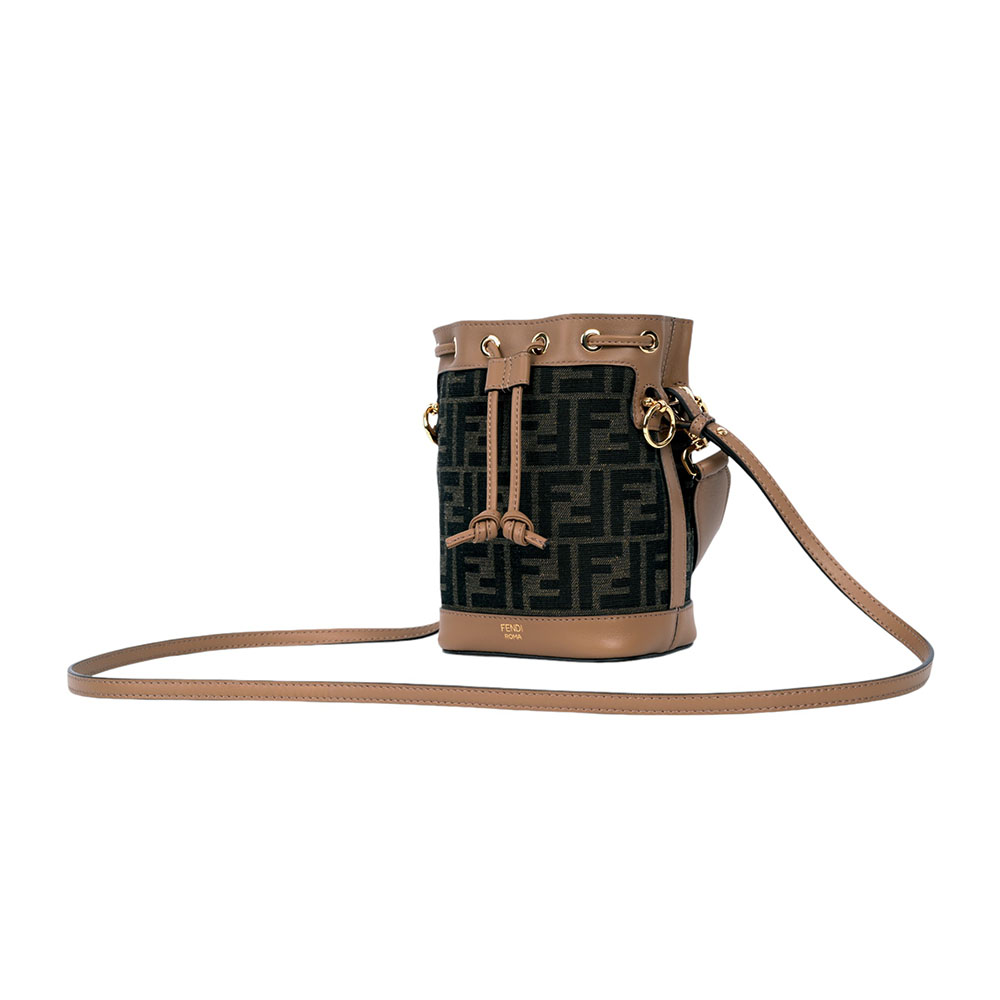 FENDI MON TRESOR FF Logo 緹花及皮革二用迷你水桶包/棕色, , large