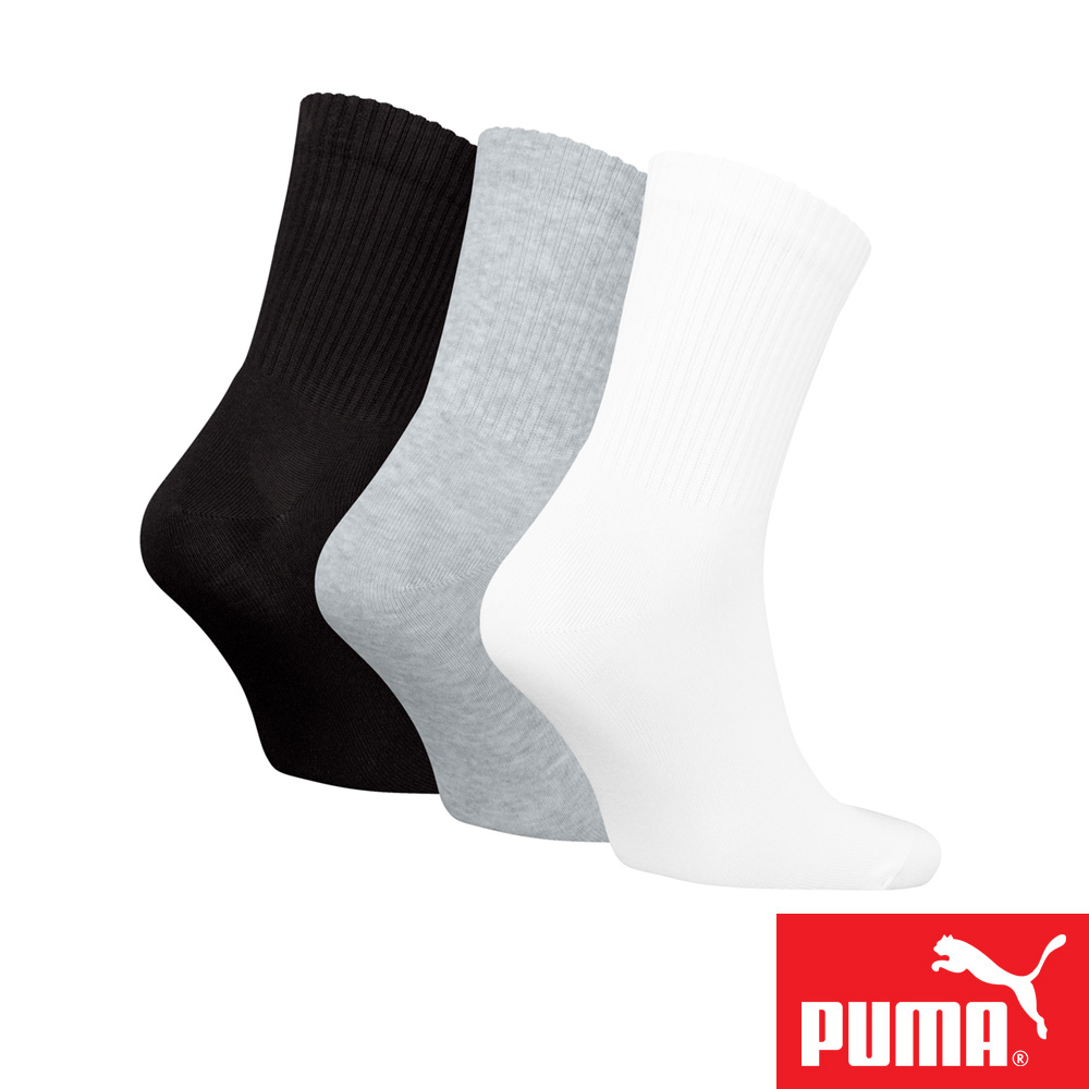 PUMA 男女款中短筒襪3雙裝 彪馬 跳豹 男襪 女襪 中筒襪 小腿襪 棉襪 柔軟 舒適 抗菌 除臭 耐磨 白/灰/黑, , large