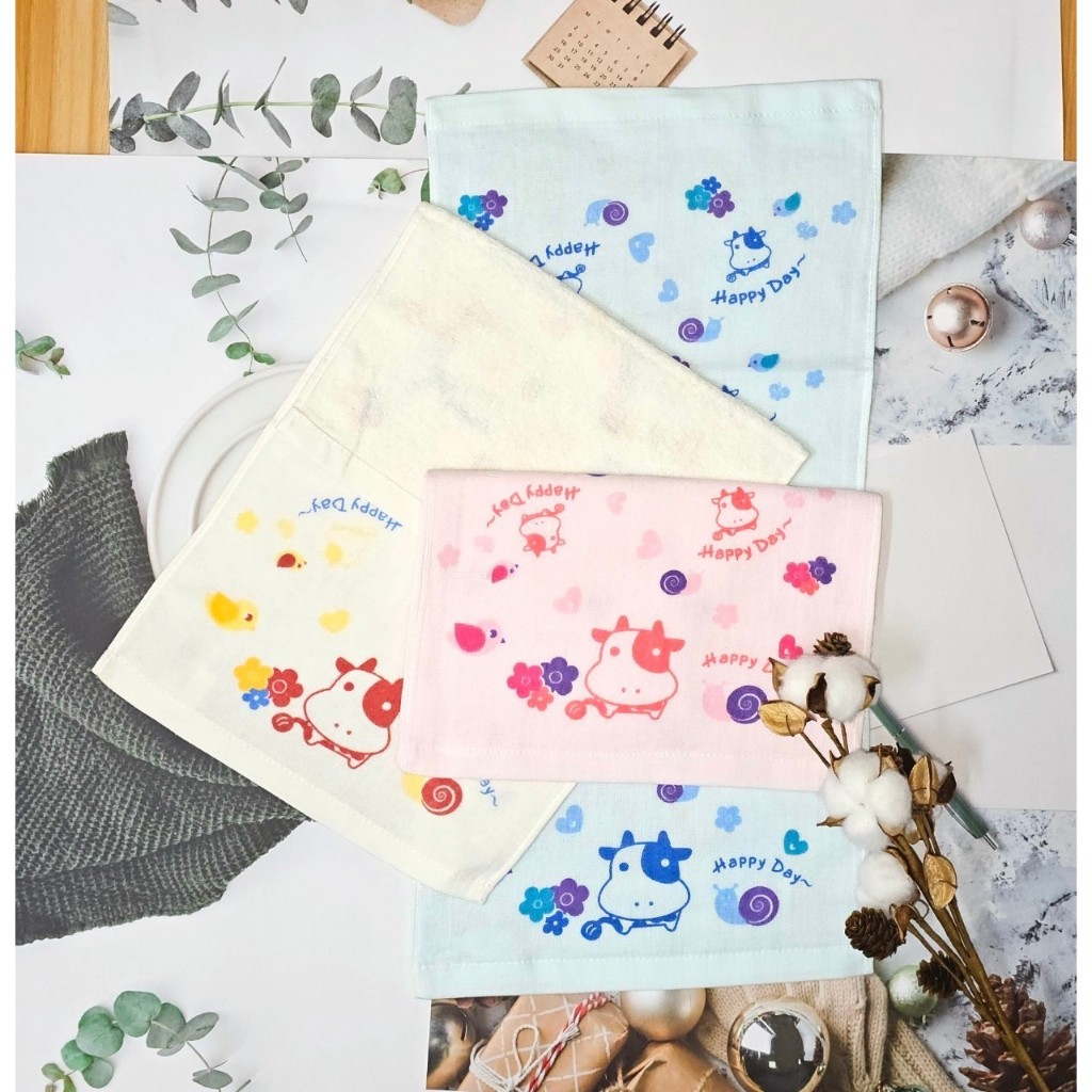 [Kaimei Cotton Industry] 12 in the group, random and excellent, MIT made in Taiwan, cute half-cotton, half-gauze children's towel - Moo Niu style, pure cotton, soft, comfortable and water-absorbent, , large