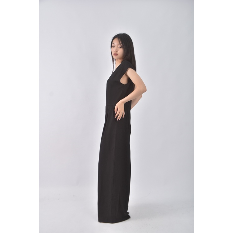 (XL) liang yan韓牌高腰無袖Ｖ領黑色連身裝二手衣, , large