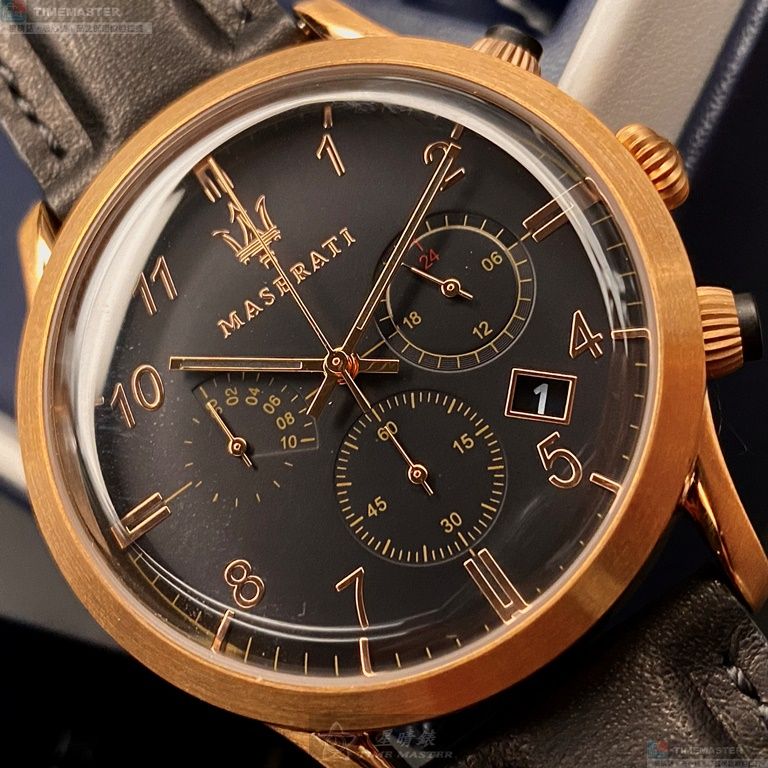 [星晴錶業]MASERATI手錶,42mm,R8871625004黑色錶面玫瑰金錶殼深黑色真皮皮革錶帶款, , large