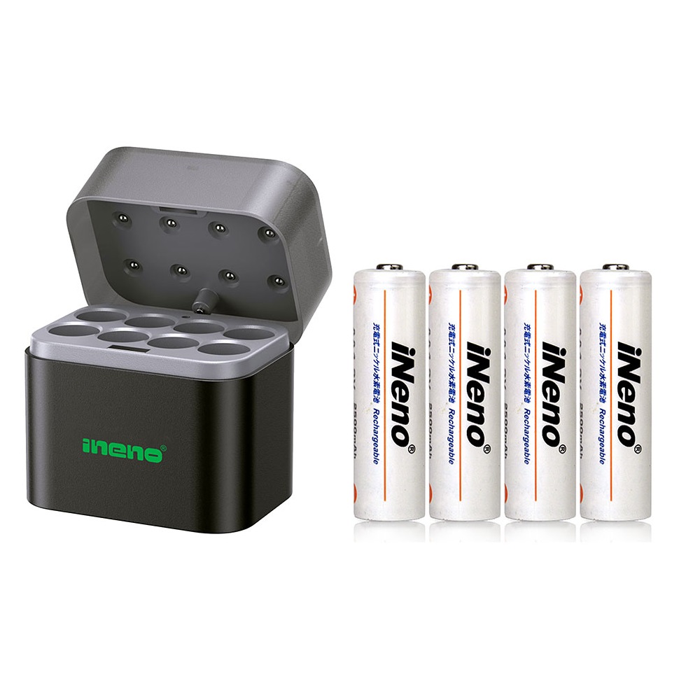 【ineno】3號/AA超大容量低自放鎳氫充電電池2500mAh 4入+(鎳氫/鋰電混充型3號8槽)AI隨身收納盒充電器, , large