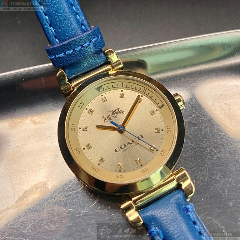 [星晴錶業]COACH手錶,30mm,CH00047金色錶面金色錶殼寶藍真皮皮革錶帶款, , large