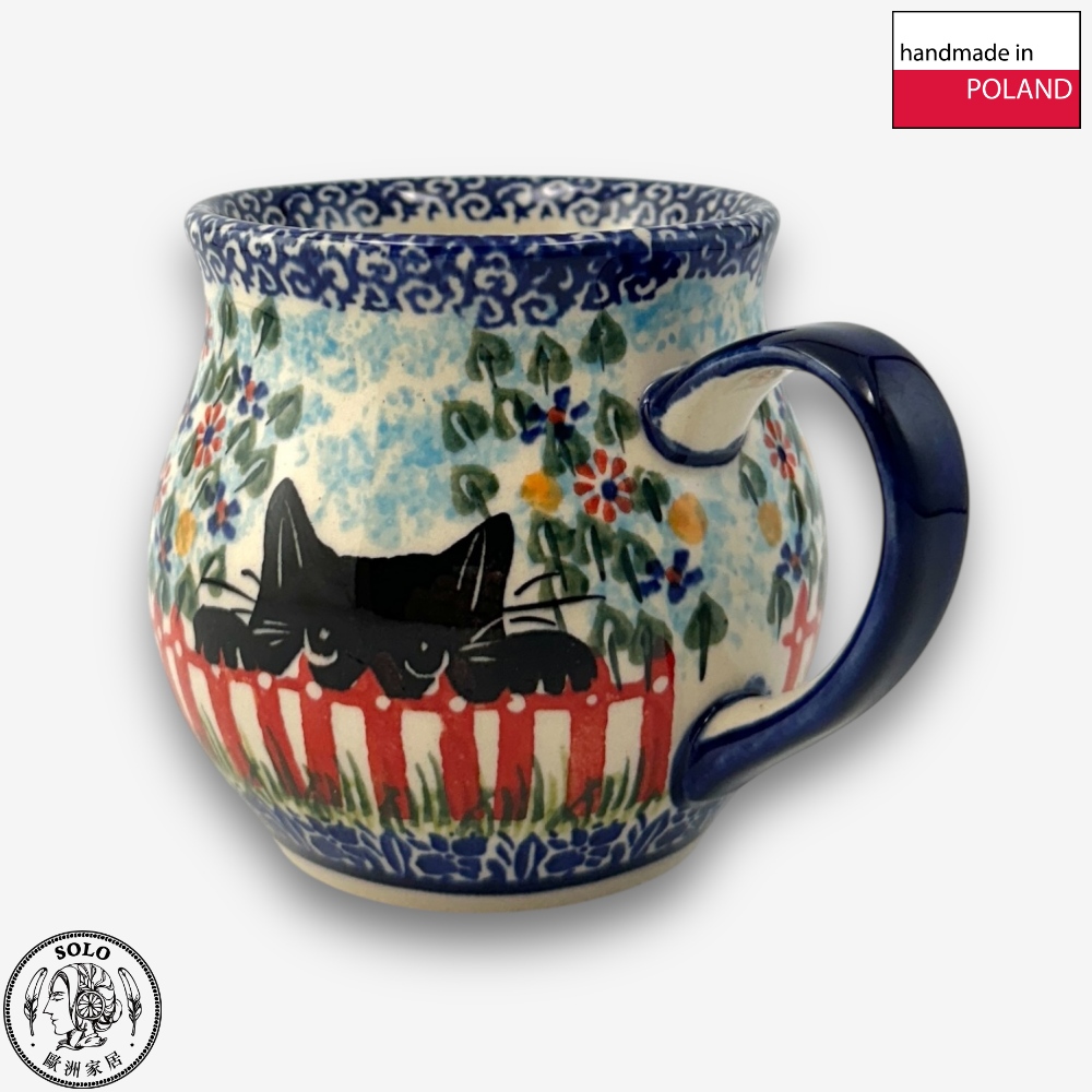 【SOLO Vintage】Cerraf Polish Pottery 350ml Mug Black Cat Garden Series Made in Poland, , large