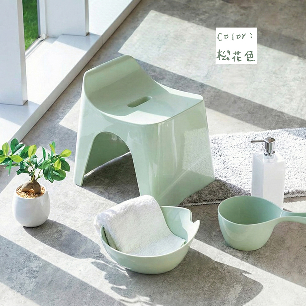 【HUBATH】日本製曲型浴室椅25cm 附舀水勺2件組(Ag+抗菌材質/可耐重100公斤/防潑水設計/沐浴椅) 松花色, , large