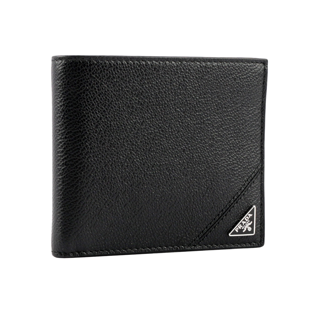 PRADA 三角牌Logo粒紋牛皮對開8卡短夾/黑色, , large